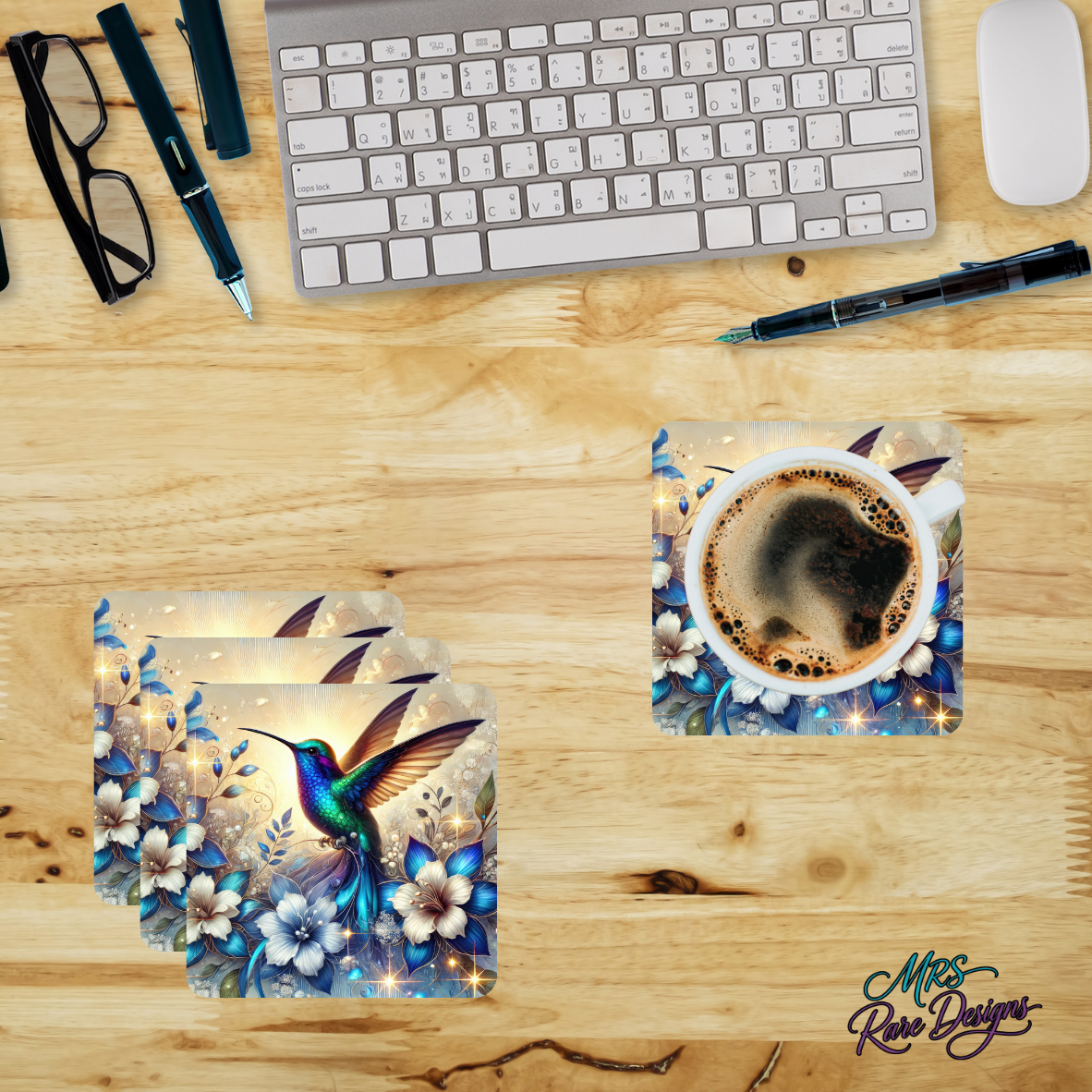 "Whimsy Wings" Iridescent Hummingbird Glass Coasters — Set of 4
