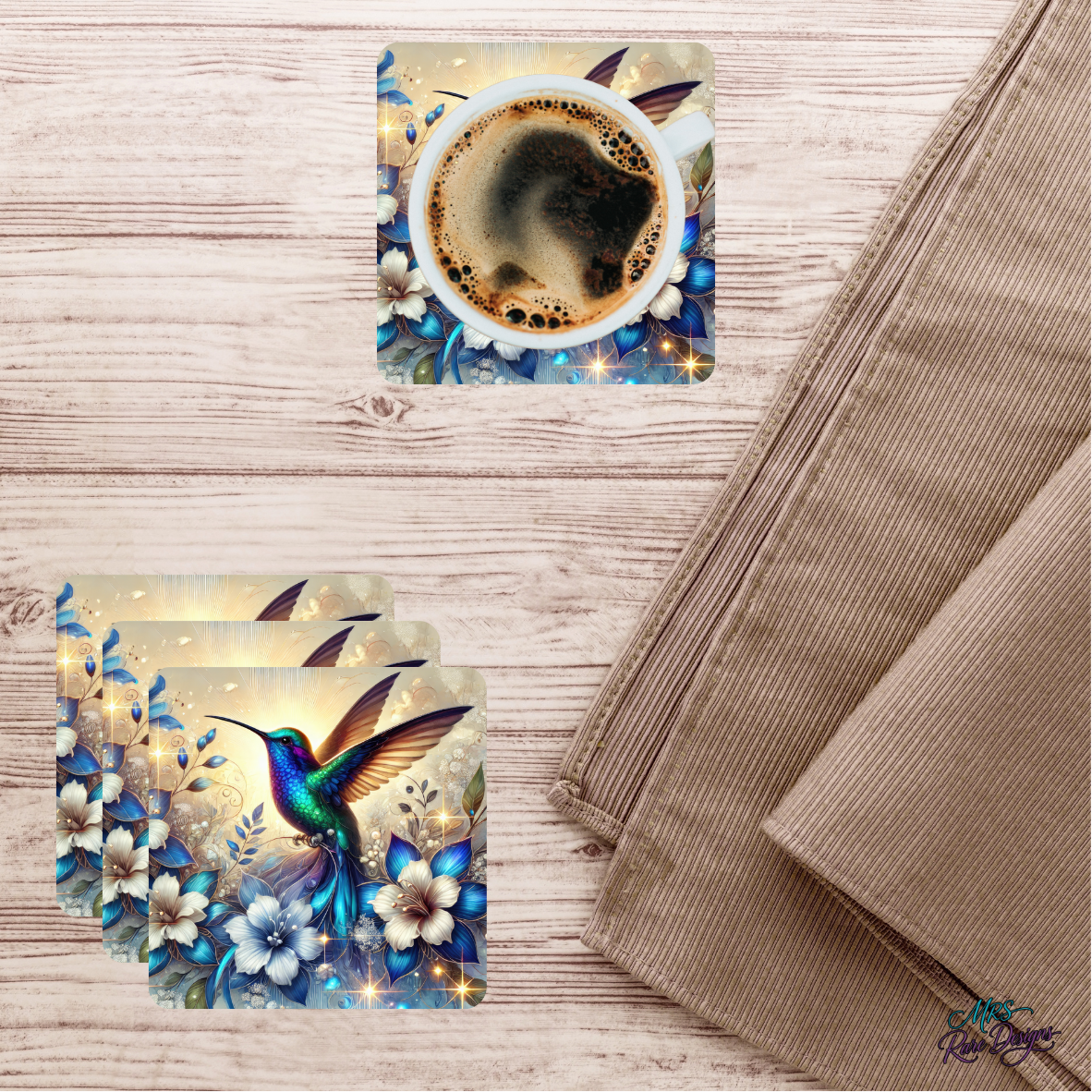 "Whimsy Wings" Iridescent Hummingbird Glass Coasters — Set of 4