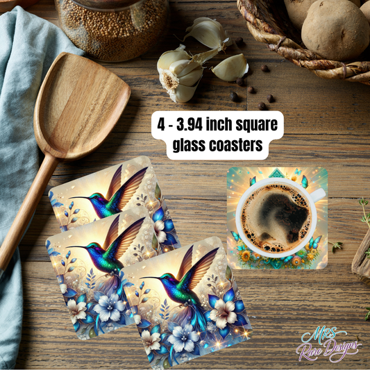 "Whimsy Wings" Iridescent Hummingbird Glass Coasters — Set of 4
