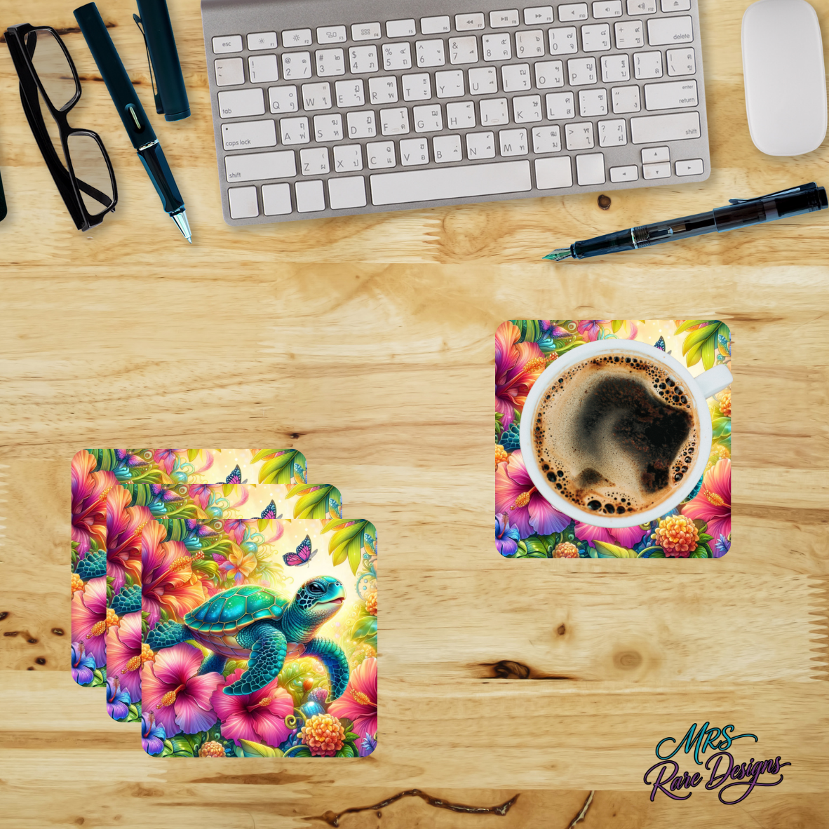 "Botanical Bloom Turtle" Glass Coasters