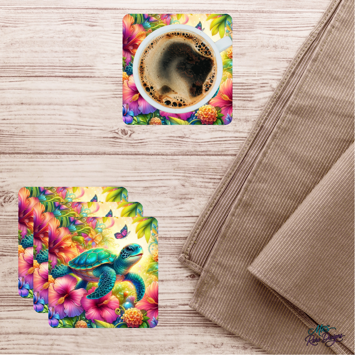 "Botanical Bloom Turtle" Glass Coasters