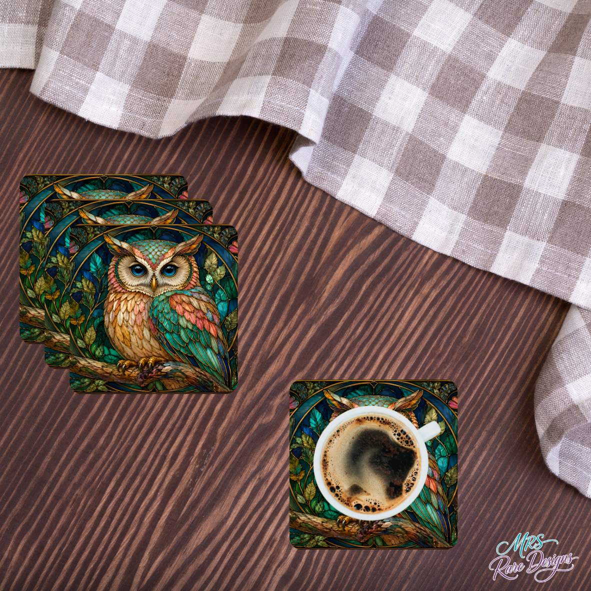 Stained Glass Owl Coasters — Set of 4 Mosaic Glass Coasters