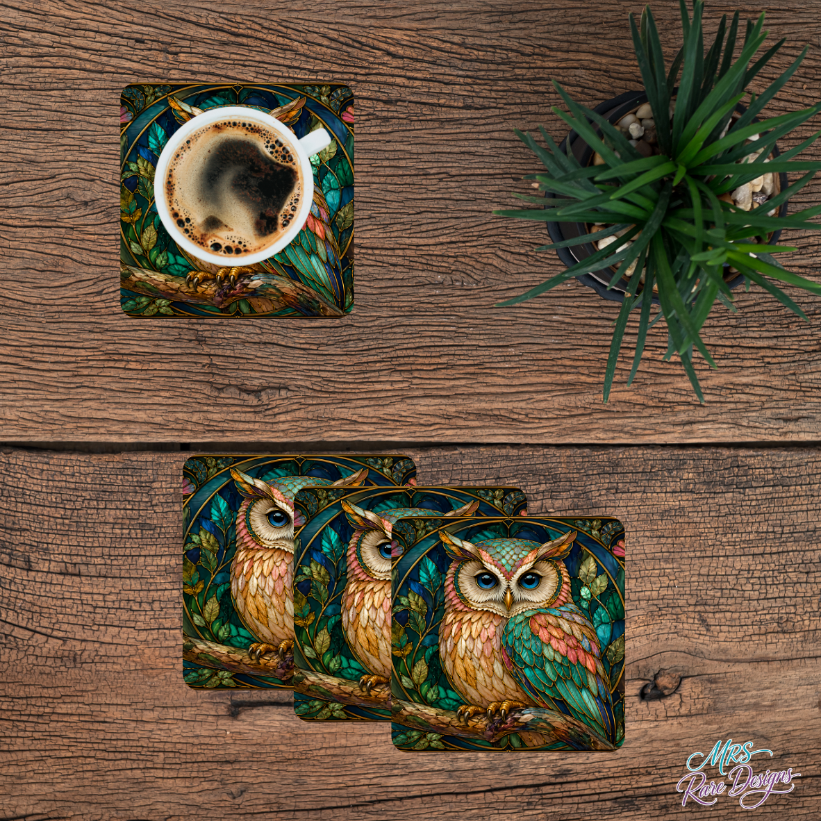 Stained Glass Owl Coasters — Set of 4 Mosaic Glass Coasters