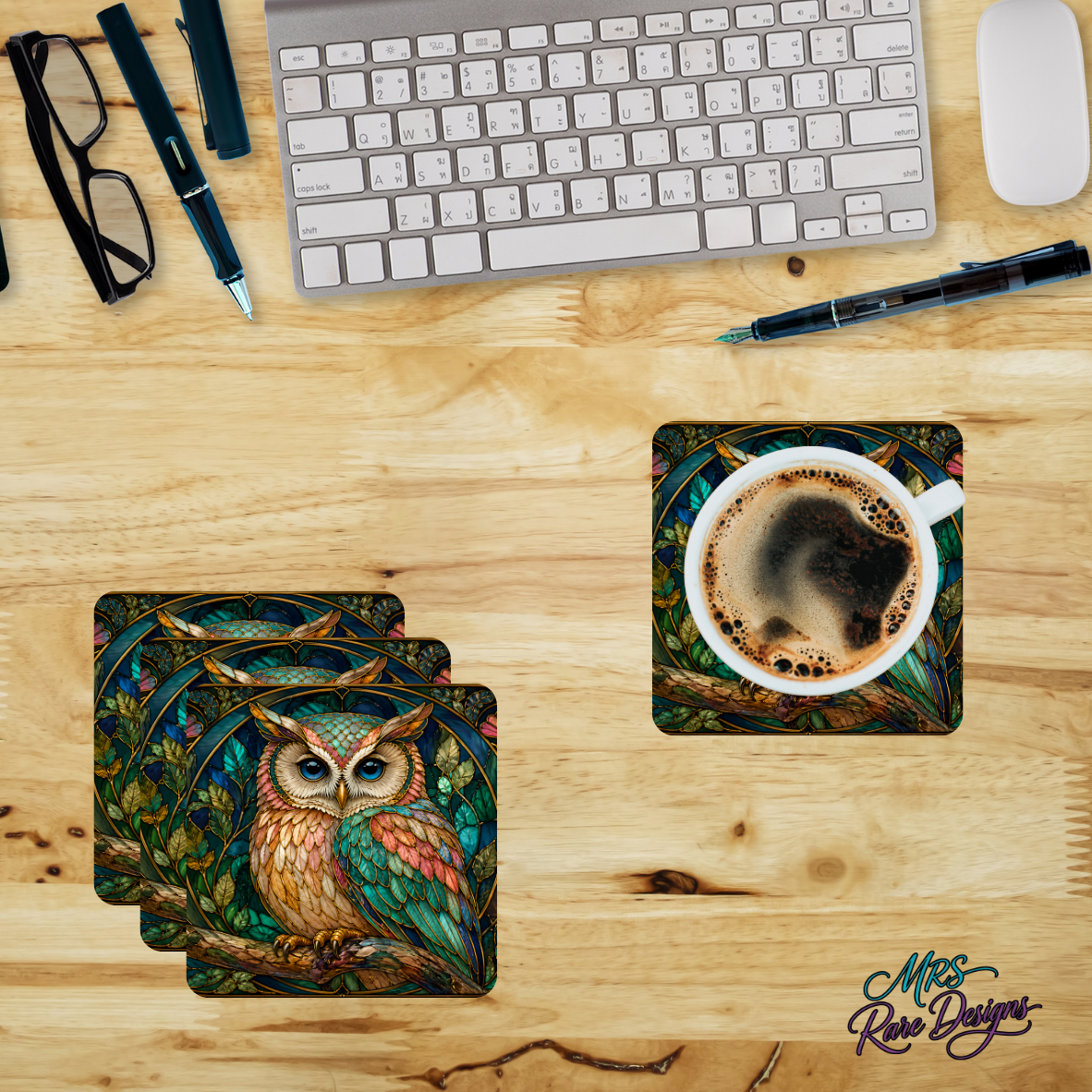 Stained Glass Owl Coasters — Set of 4 Mosaic Glass Coasters