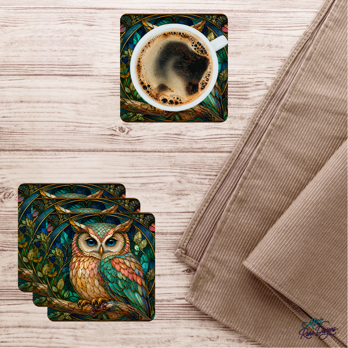Stained Glass Owl Coasters — Set of 4 Mosaic Glass Coasters