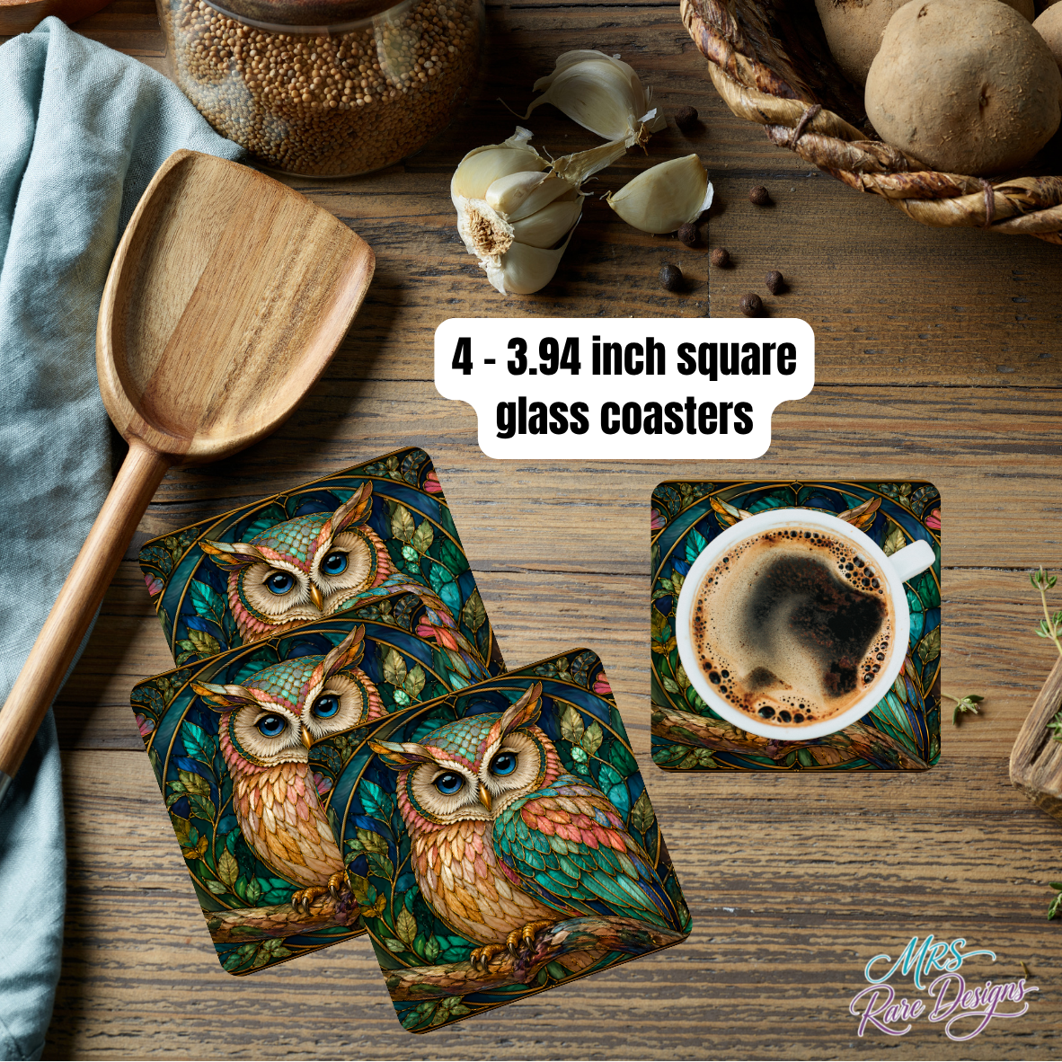 Stained Glass Owl Coasters — Set of 4 Mosaic Glass Coasters