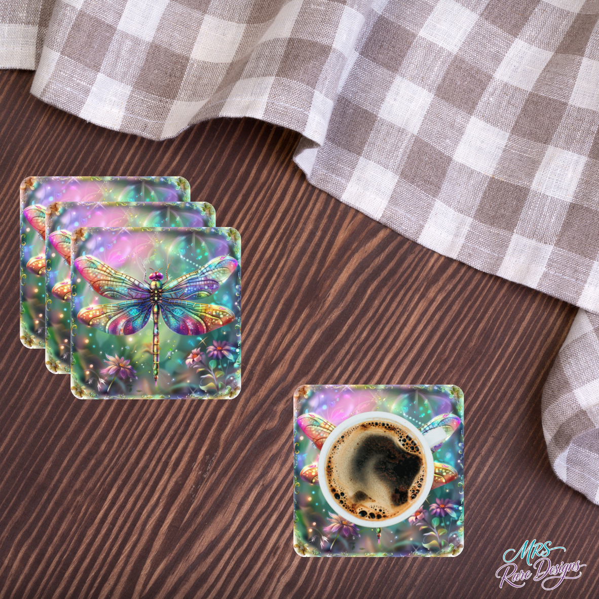 Dragonfly Dreamscape Coasters — Set of 4 Iridescent Glass Coasters