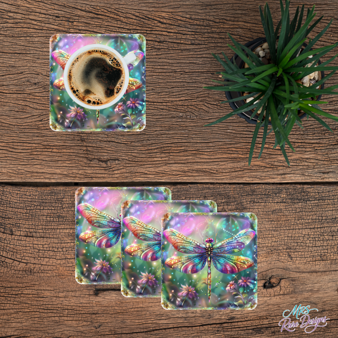 Dragonfly Dreamscape Coasters — Set of 4 Iridescent Glass Coasters