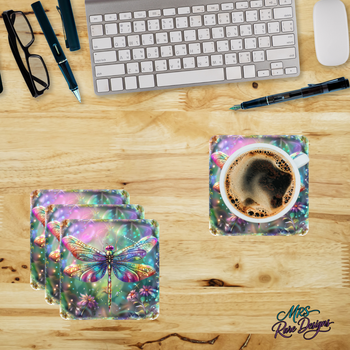 Dragonfly Dreamscape Coasters — Set of 4 Iridescent Glass Coasters