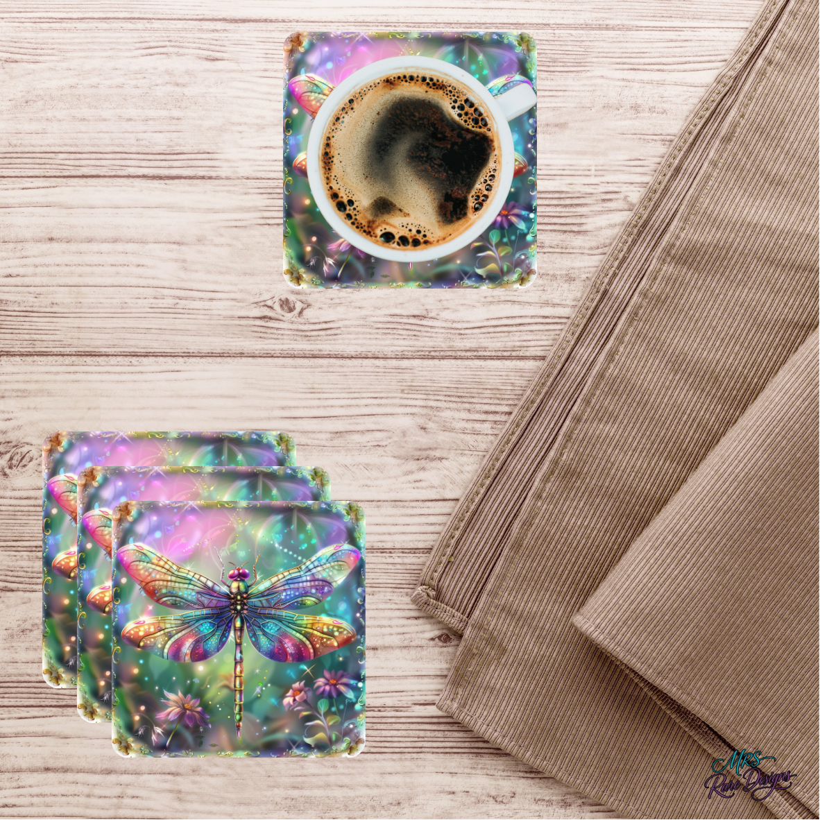 Dragonfly Dreamscape Coasters — Set of 4 Iridescent Glass Coasters