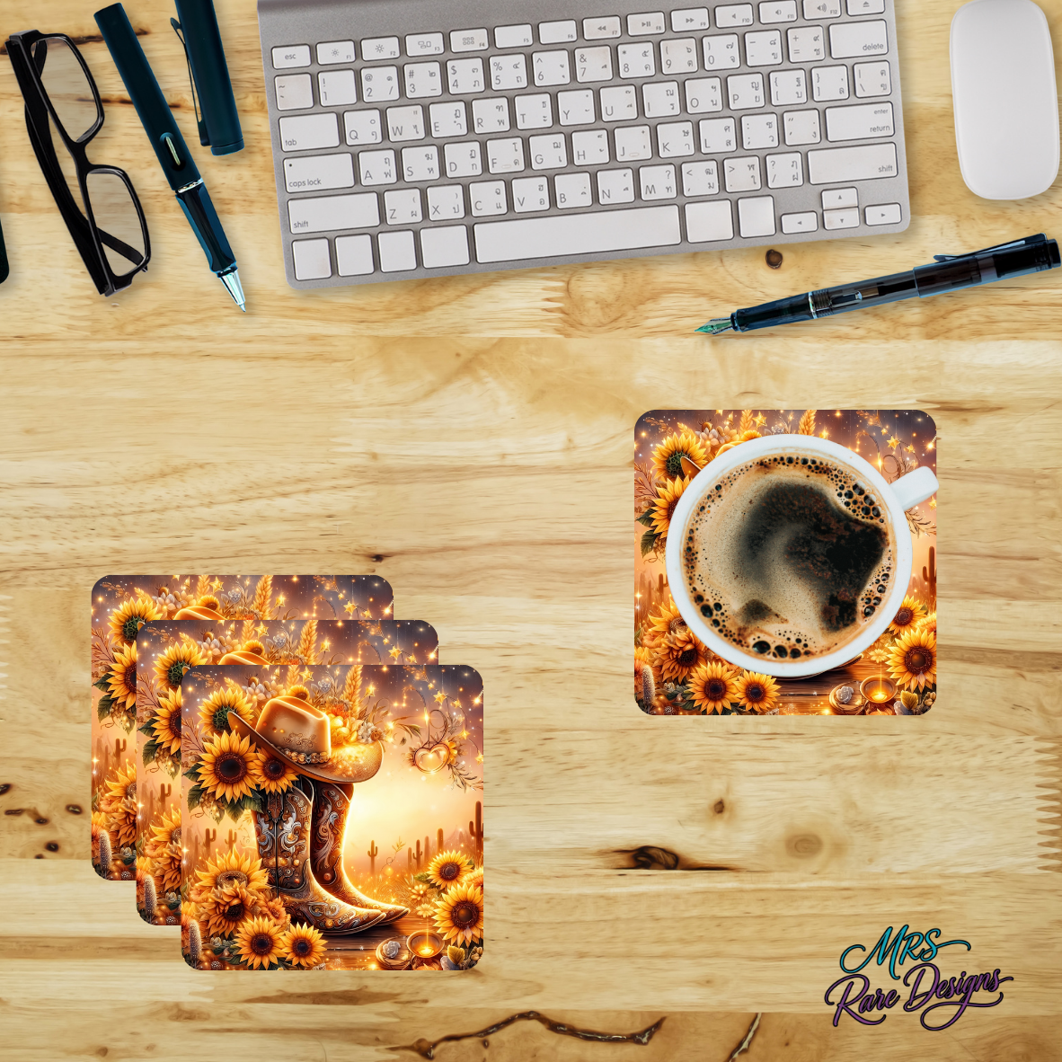 Sunflower & Spurs Glass Coaster Set 🌻🤠
