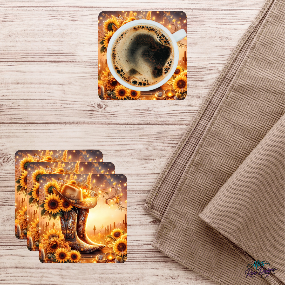 Sunflower & Spurs Glass Coaster Set 🌻🤠
