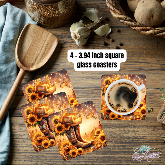 Sunflower & Spurs Glass Coaster Set 🌻🤠