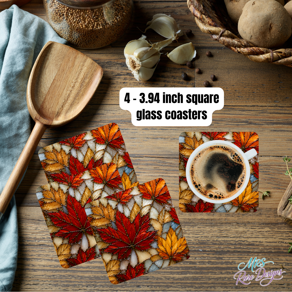 Autumn Mosaic Maple Leaf Glass Coasters – Set of 4