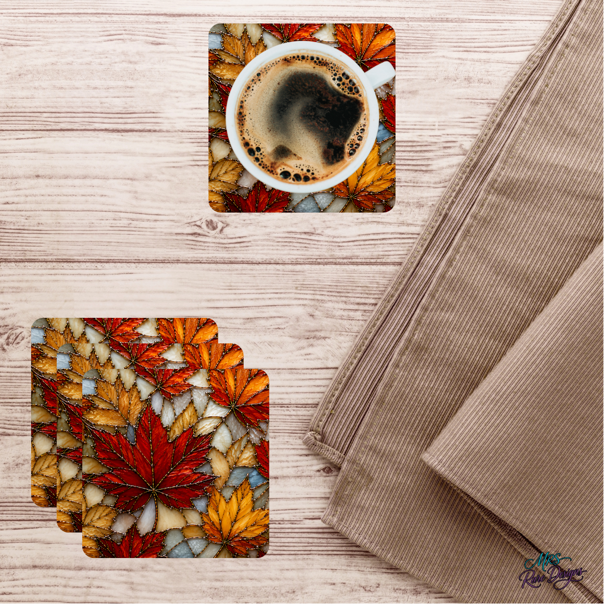 Autumn Mosaic Maple Leaf Glass Coasters – Set of 4