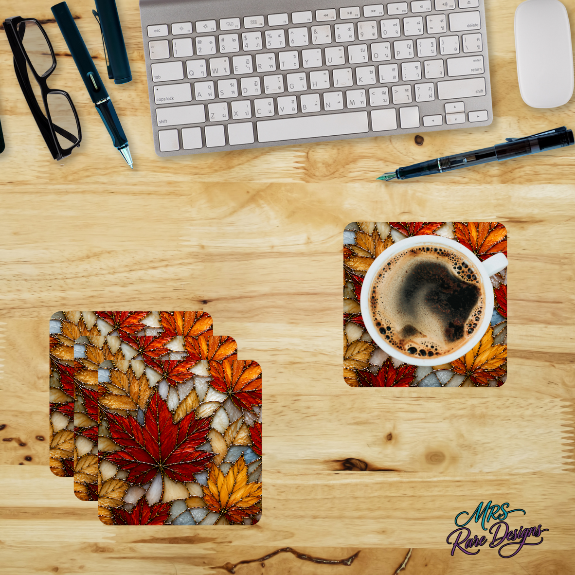 Autumn Mosaic Maple Leaf Glass Coasters – Set of 4