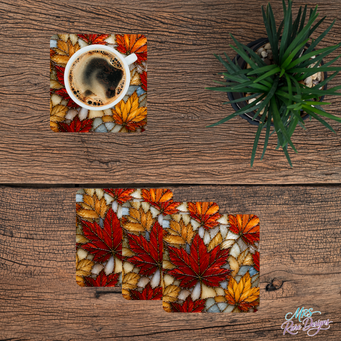 Autumn Mosaic Maple Leaf Glass Coasters – Set of 4
