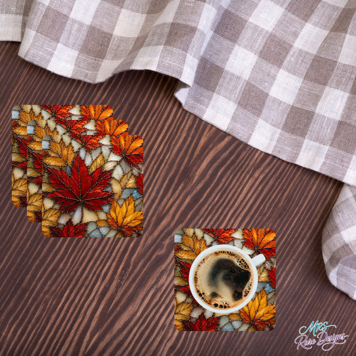 Autumn Mosaic Maple Leaf Glass Coasters – Set of 4