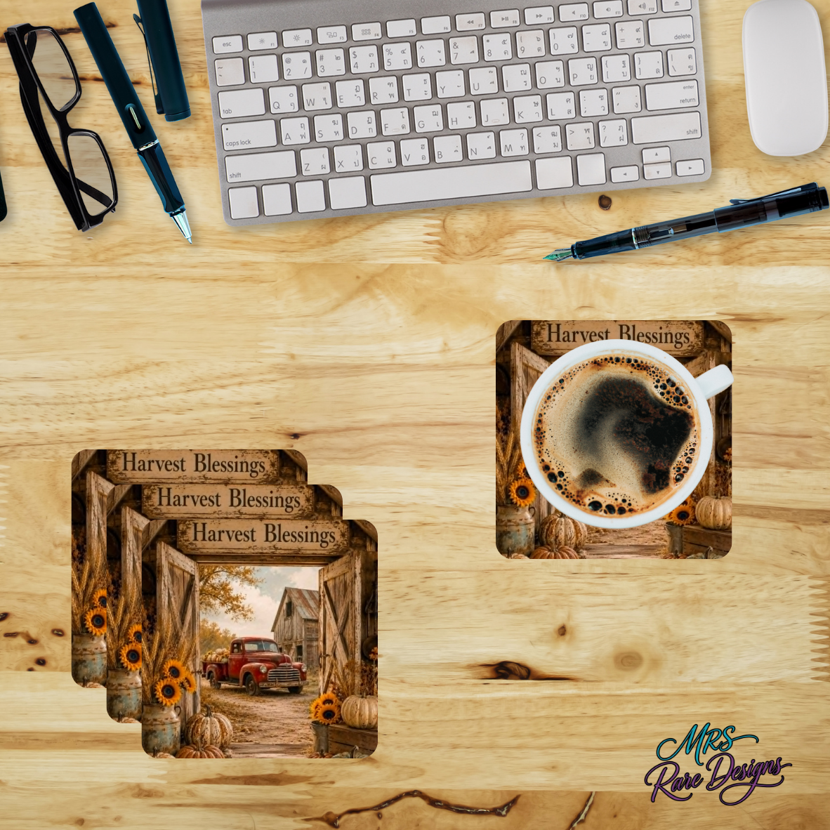 Harvest Blessings Vintage Barn Glass Coasters (Set of 4)