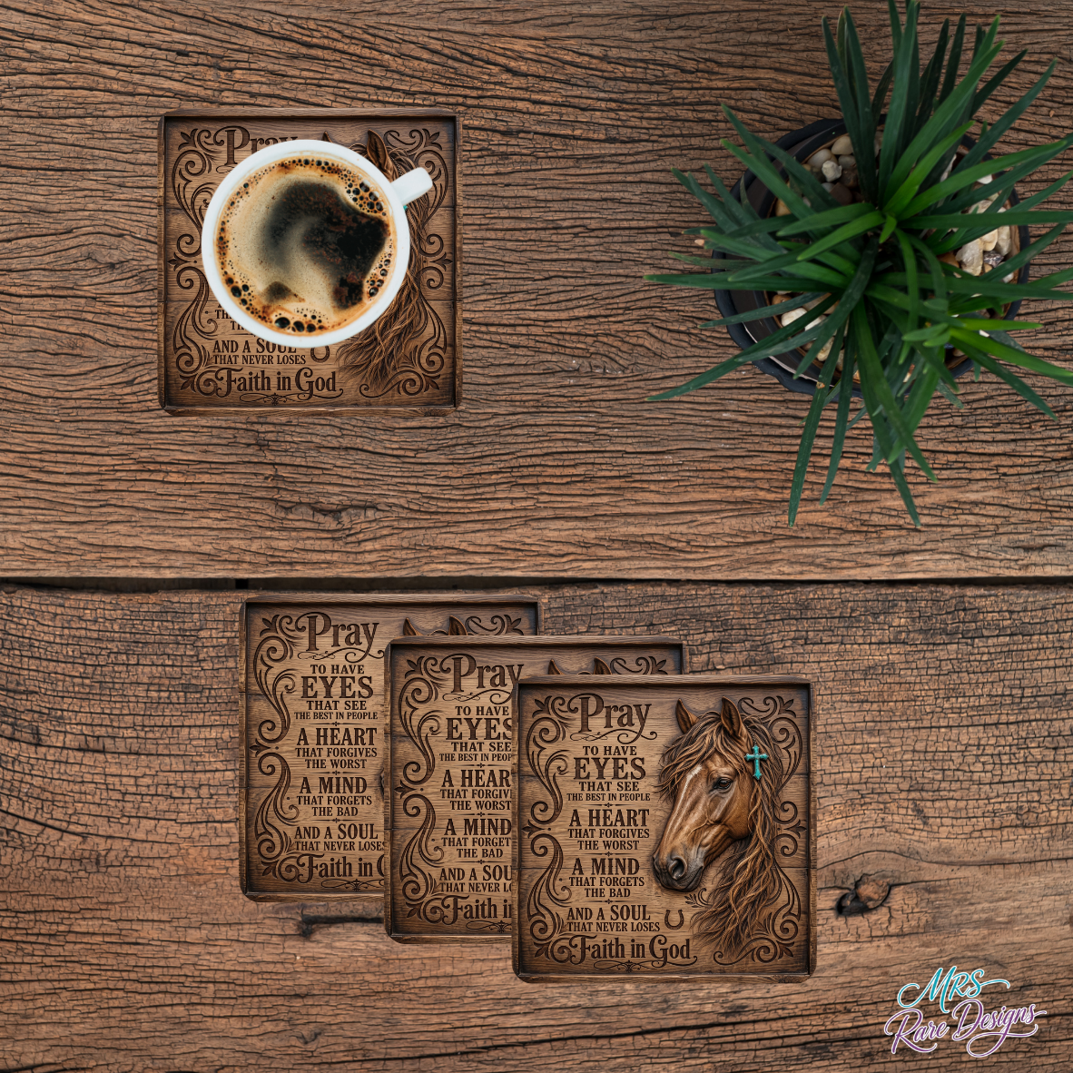 "Faith & Freedom" Western Horse & Prayer Square Glass Coaster Set (Set of 4)