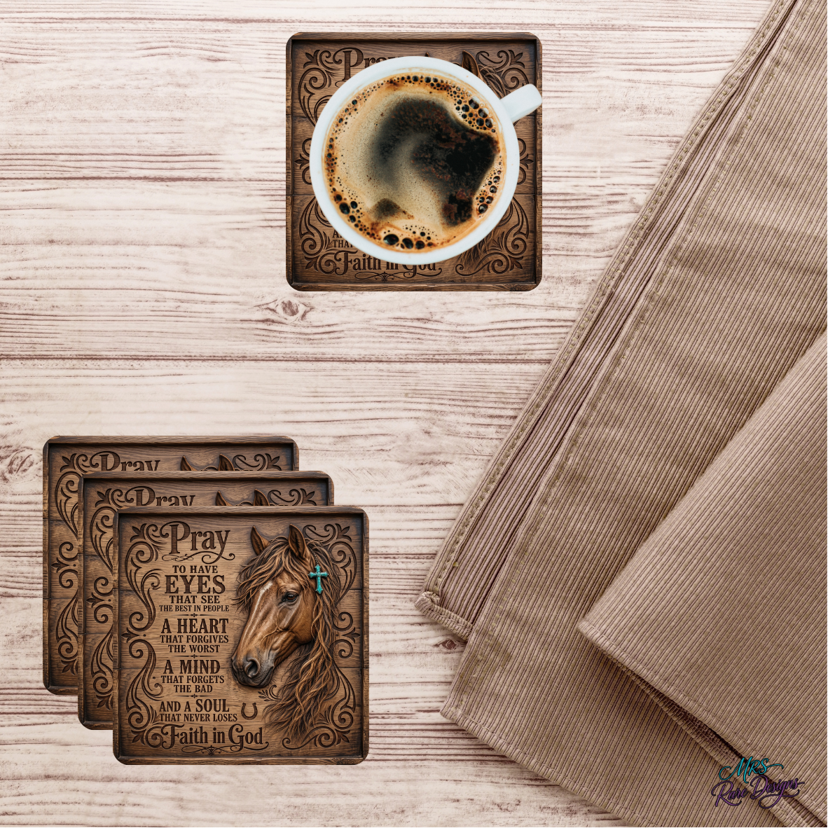 "Faith & Freedom" Western Horse & Prayer Square Glass Coaster Set (Set of 4)