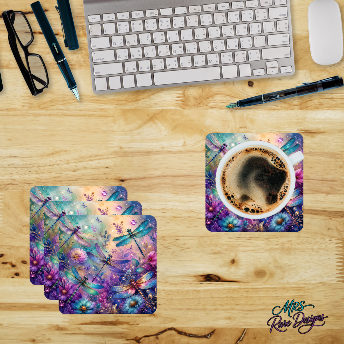"Dragonfly Dreams" Glass Coaster Set (Set of 4, 3.94" Square)