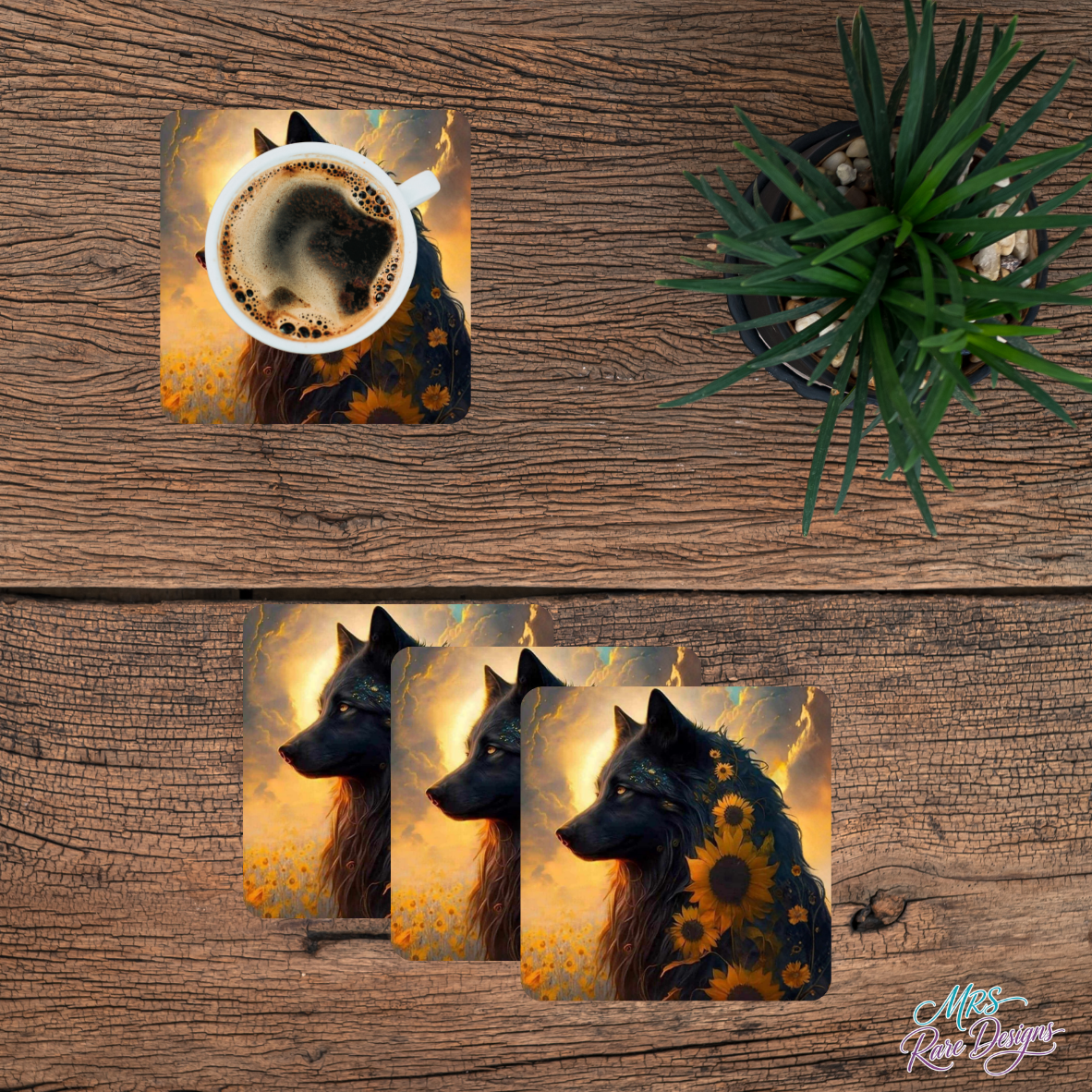 🐺🌻 "Wildflower Wolf" Coaster Set