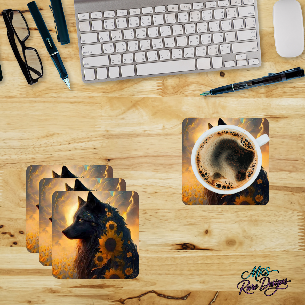 🐺🌻 "Wildflower Wolf" Coaster Set