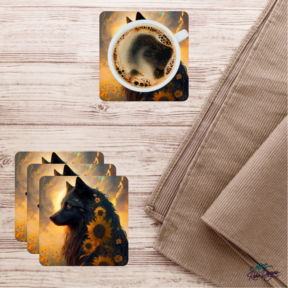 🐺🌻 "Wildflower Wolf" Coaster Set