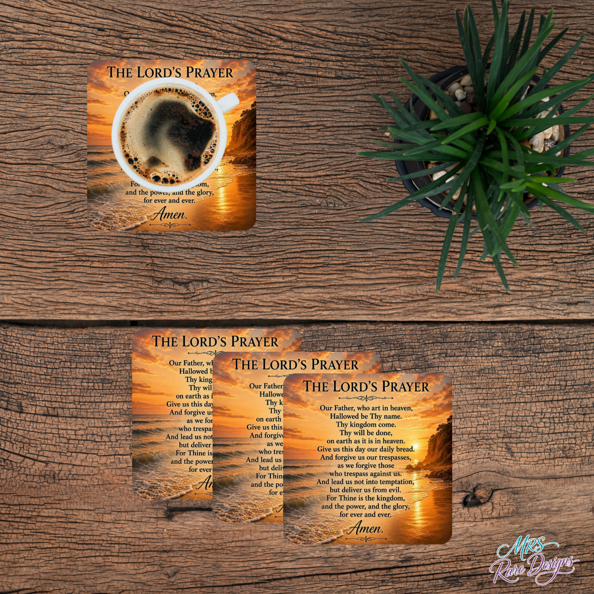 The "Daily Bread" Sunset Lord's Prayer Glass Coaster Set (4-Pack, 3.94" Square)