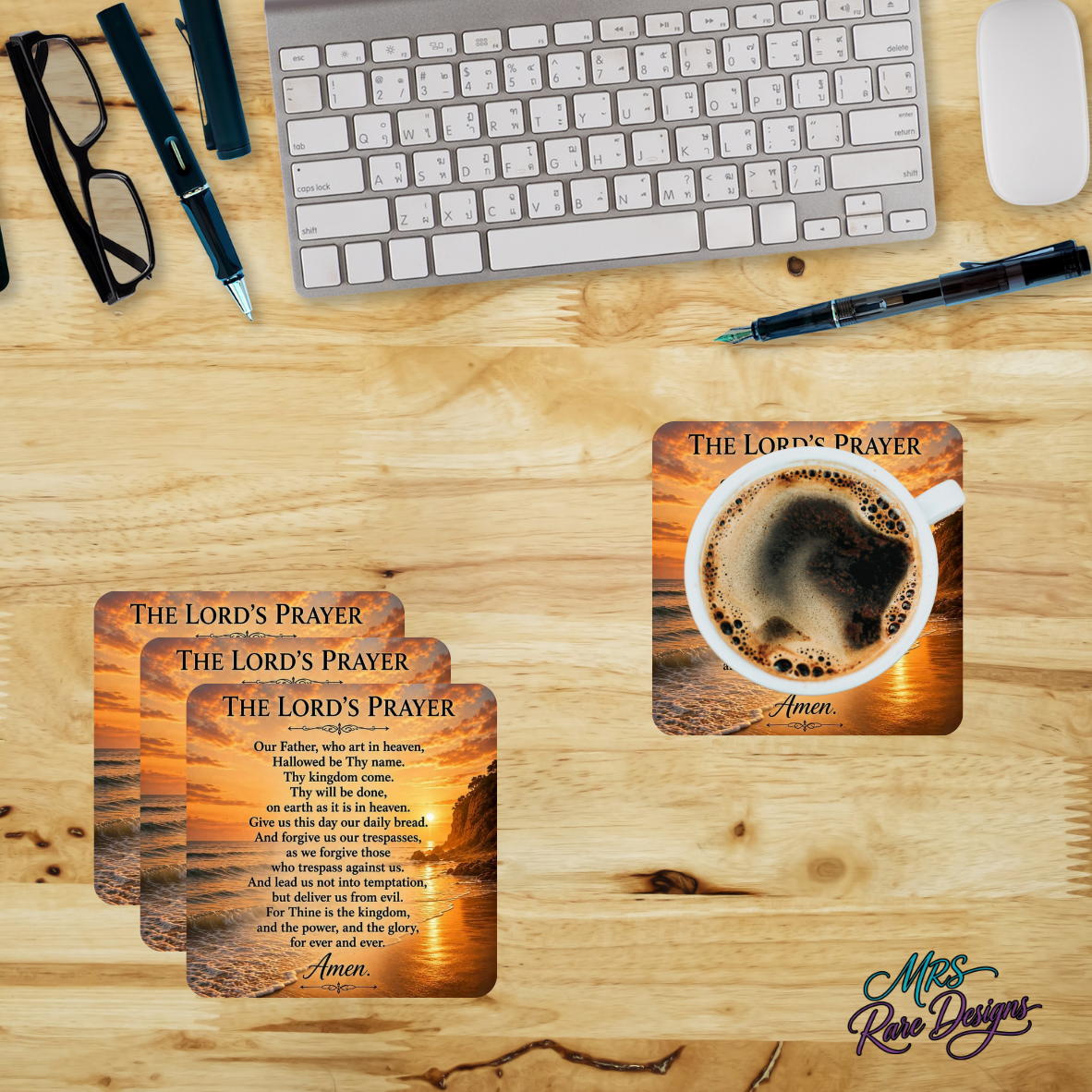 The "Daily Bread" Sunset Lord's Prayer Glass Coaster Set (4-Pack, 3.94" Square)