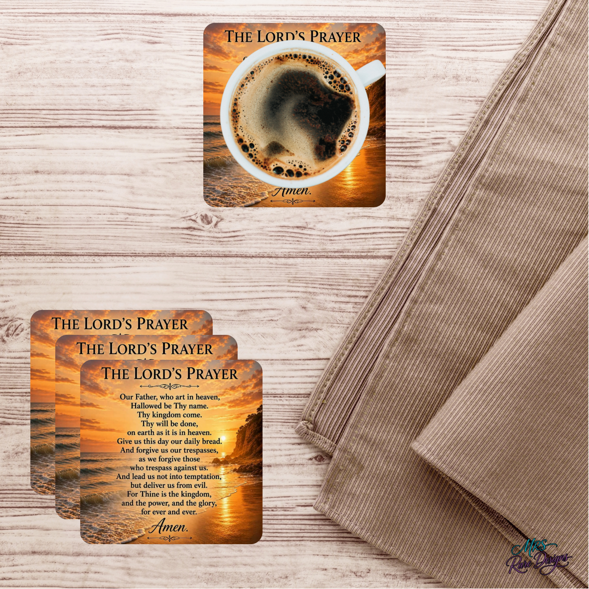 The "Daily Bread" Sunset Lord's Prayer Glass Coaster Set (4-Pack, 3.94" Square)