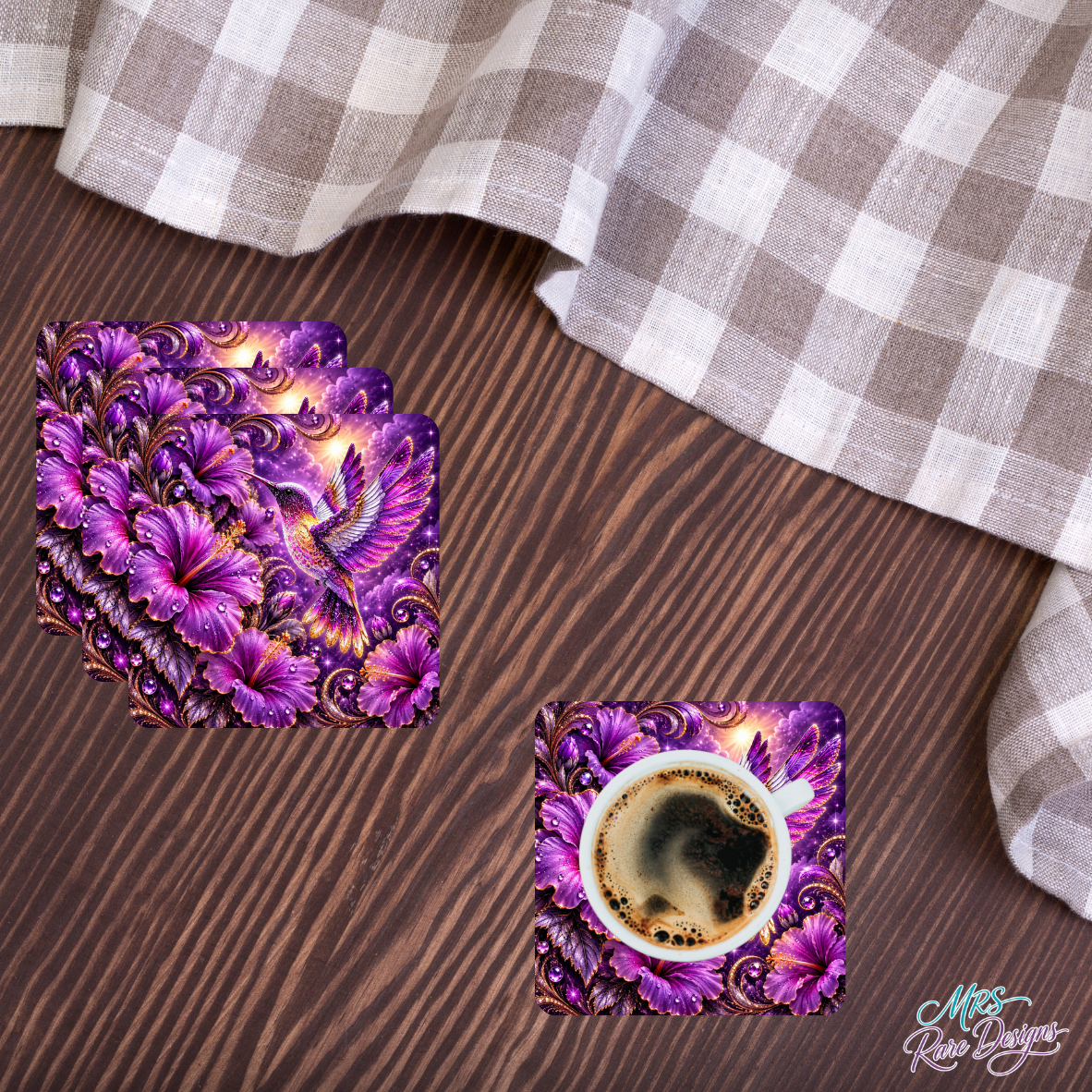 Violet Wings & Blooms – Purple Hummingbird Glass Coaster Set