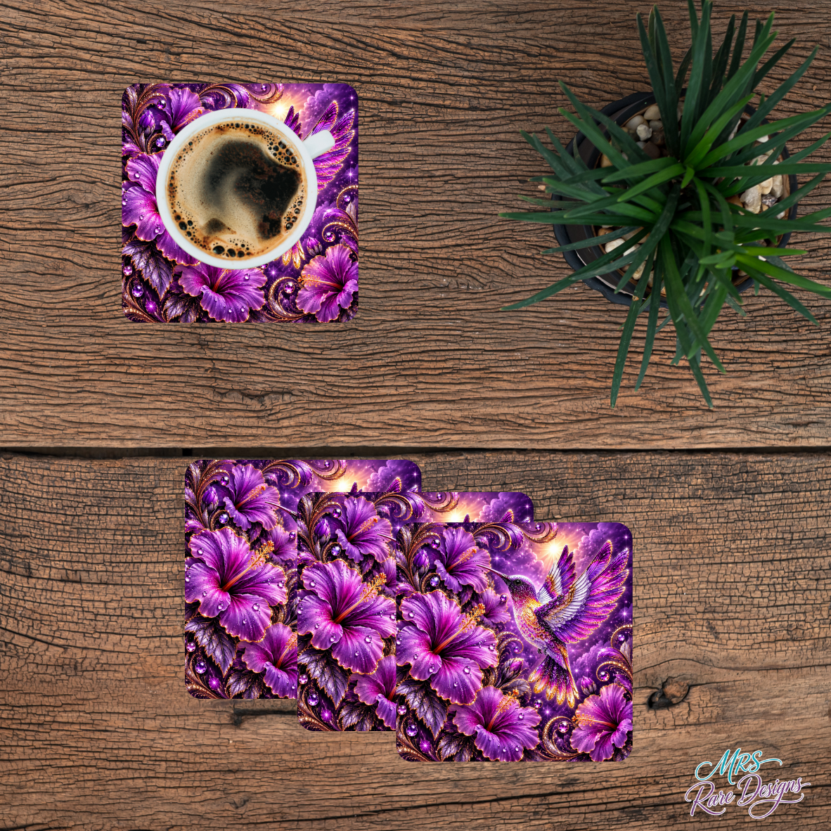 Violet Wings & Blooms – Purple Hummingbird Glass Coaster Set