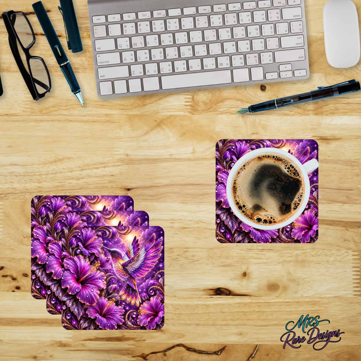 Violet Wings & Blooms – Purple Hummingbird Glass Coaster Set