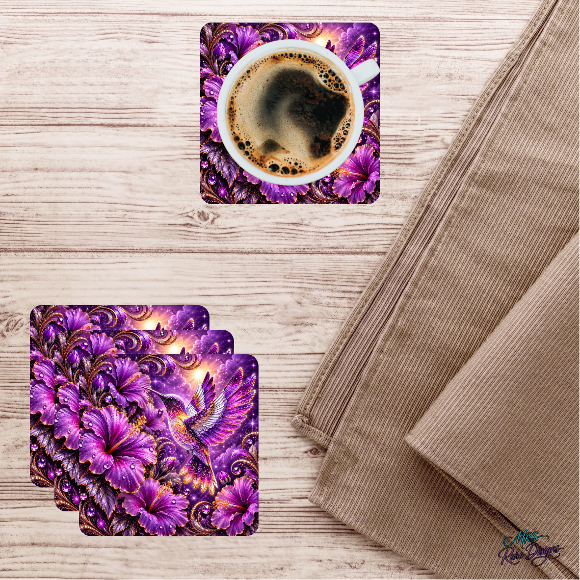 Violet Wings & Blooms – Purple Hummingbird Glass Coaster Set