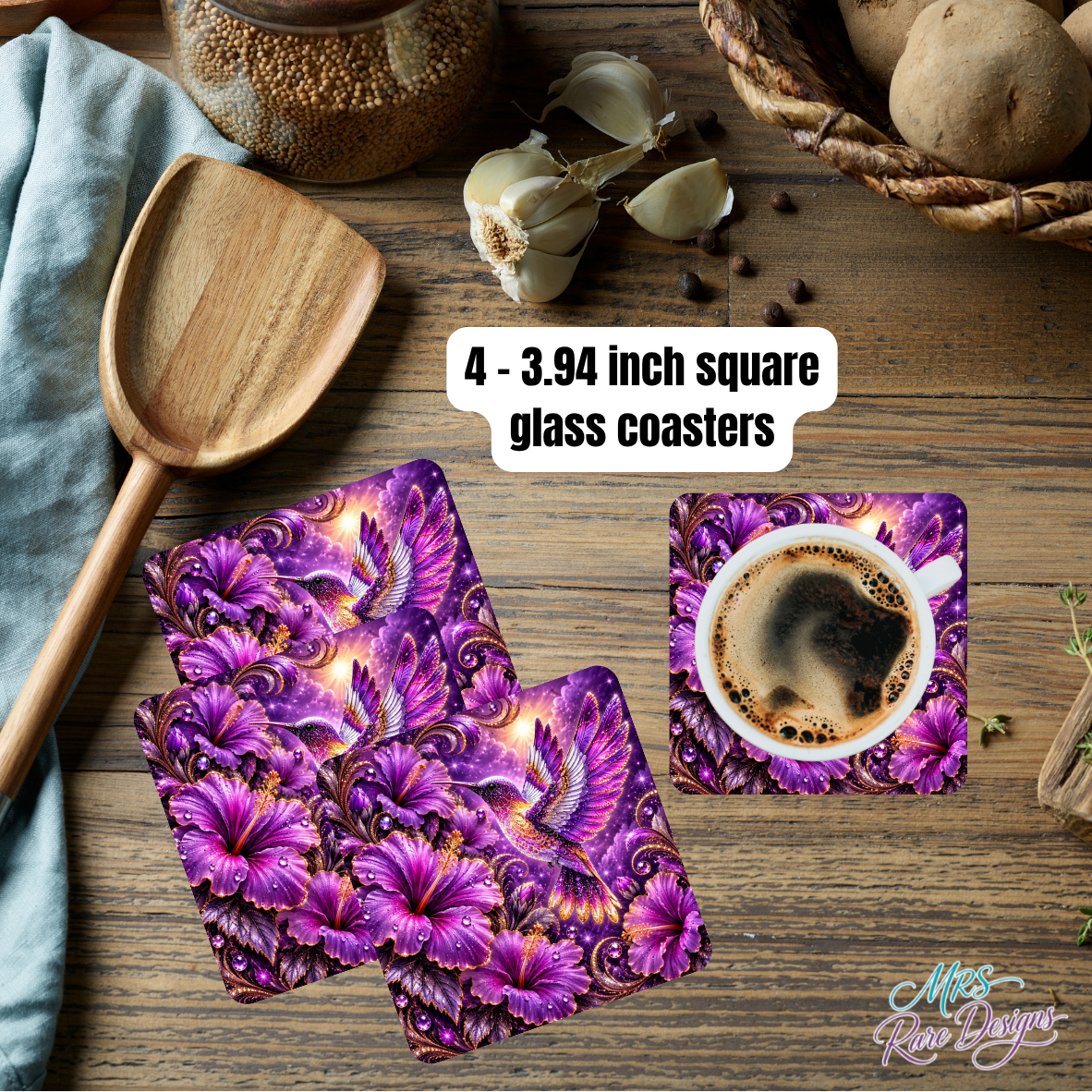 Violet Wings & Blooms – Purple Hummingbird Glass Coaster Set