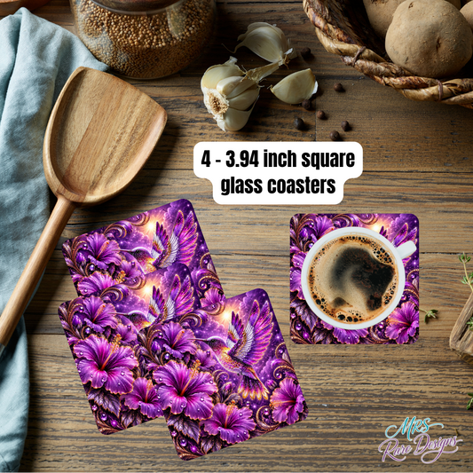 Violet Wings & Blooms – Purple Hummingbird Glass Coaster Set