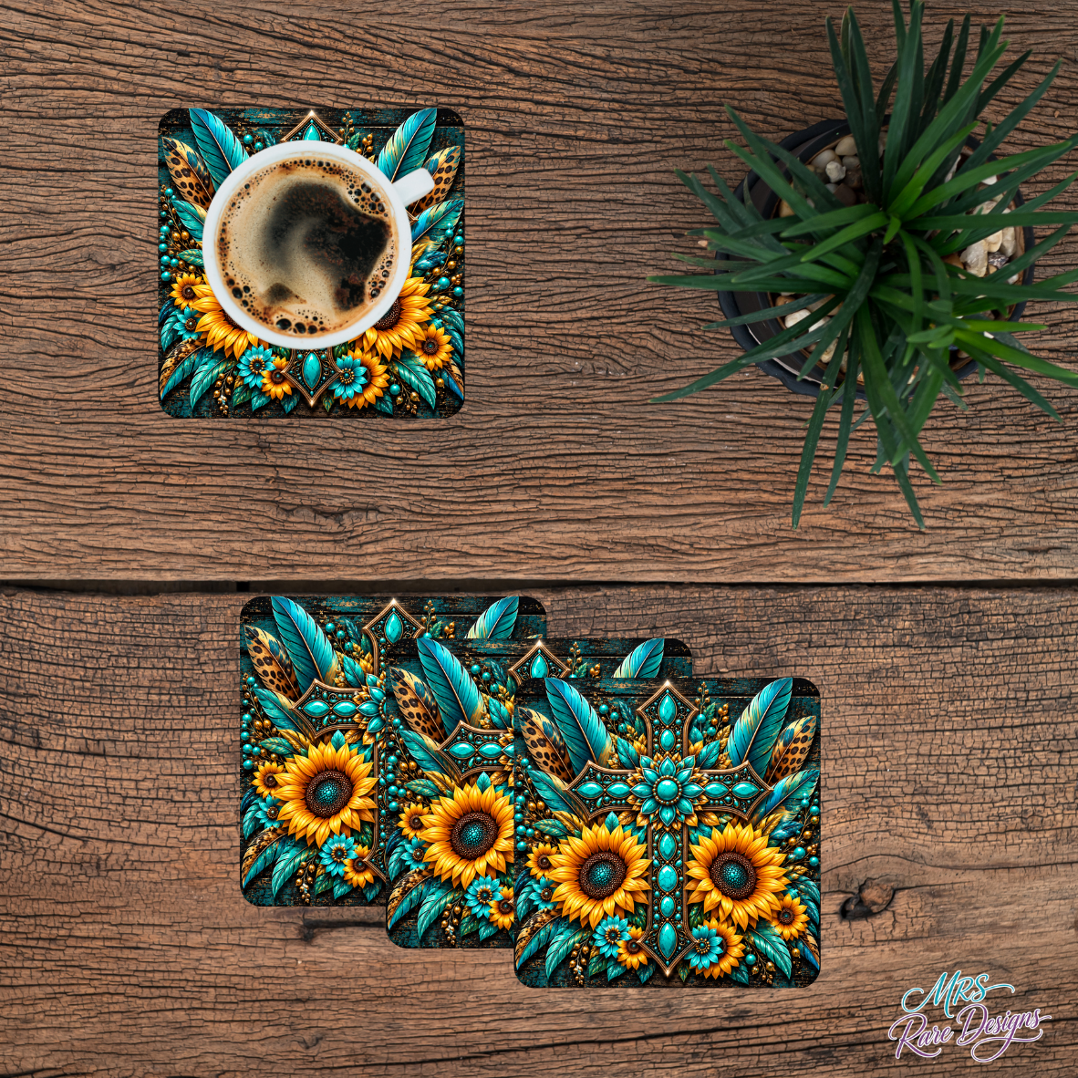 Turquoise Sunflower Boho Glass Coaster Set
