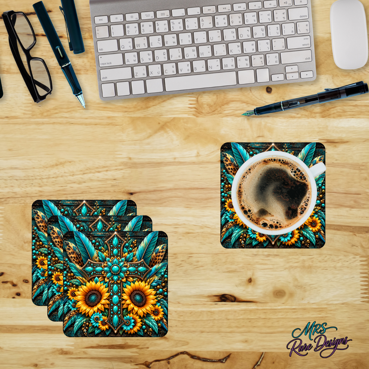 Turquoise Sunflower Boho Glass Coaster Set