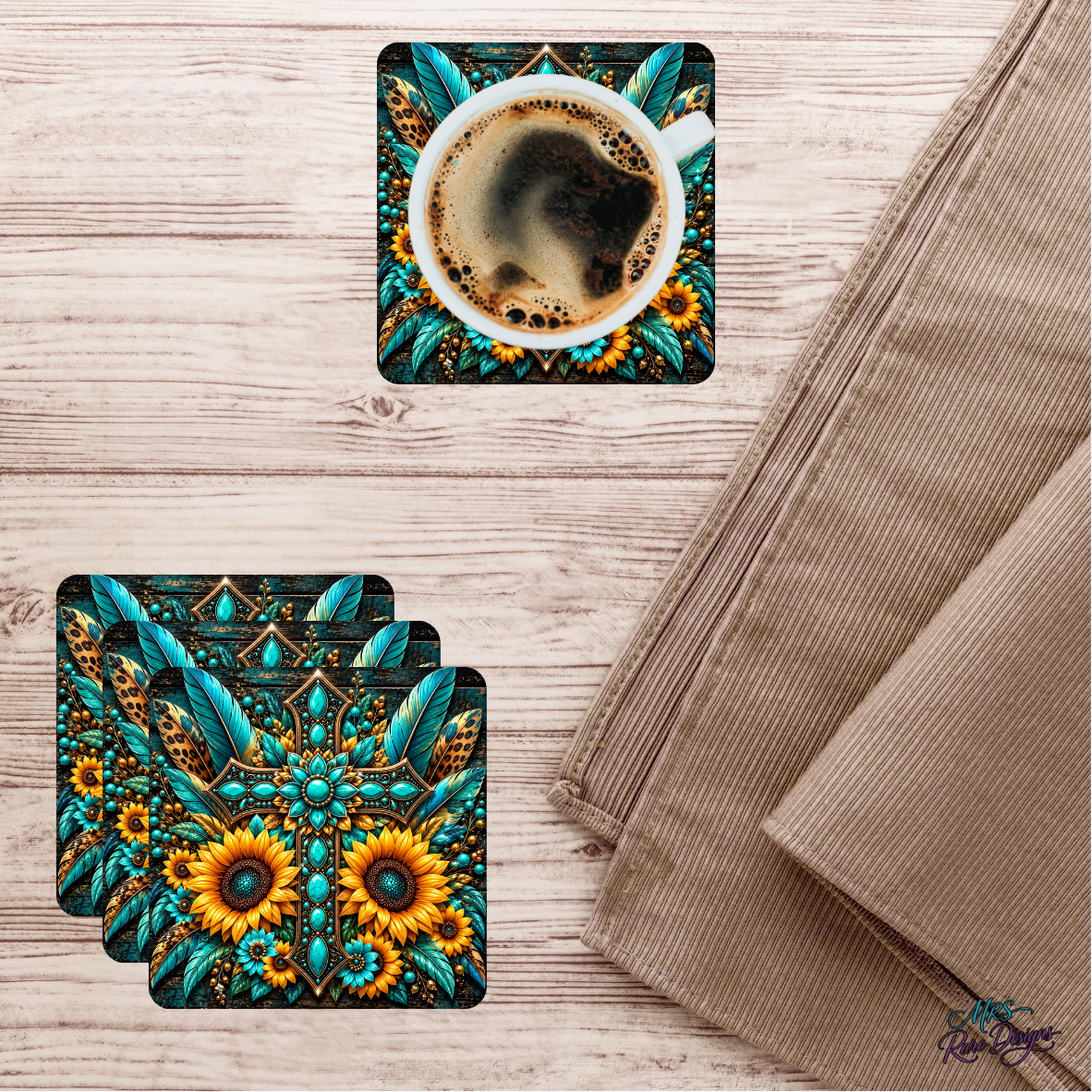 Turquoise Sunflower Boho Glass Coaster Set