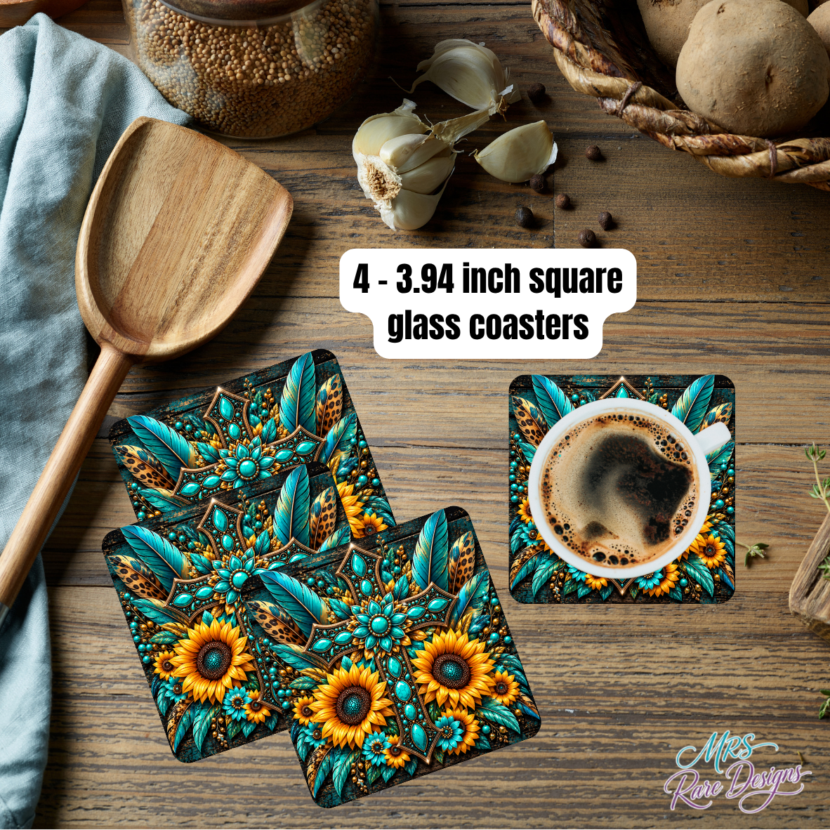 Turquoise Sunflower Boho Glass Coaster Set