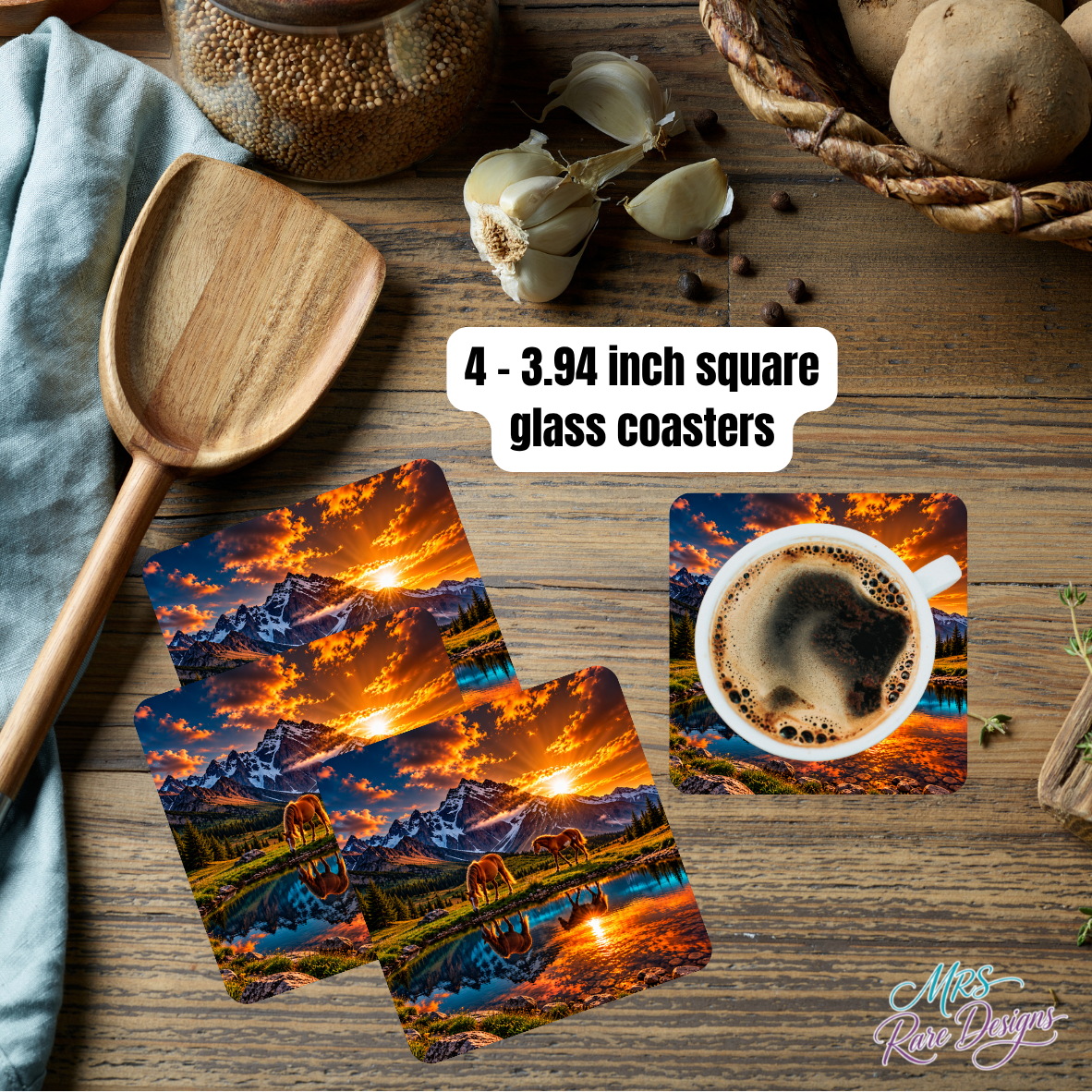 Sunset Sips Mountain Horse Glass Coasters, Set of 4