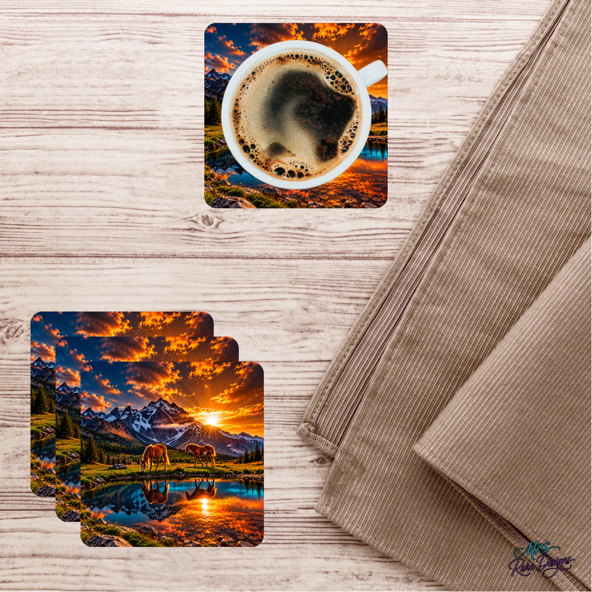 Sunset Sips Mountain Horse Glass Coasters, Set of 4