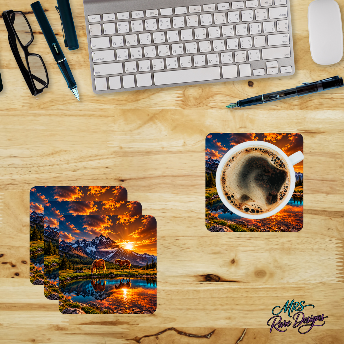 Sunset Sips Mountain Horse Glass Coasters, Set of 4