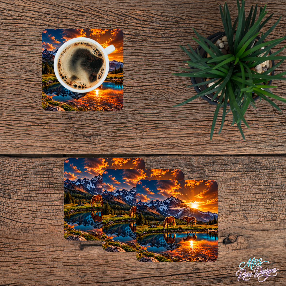 Sunset Sips Mountain Horse Glass Coasters, Set of 4