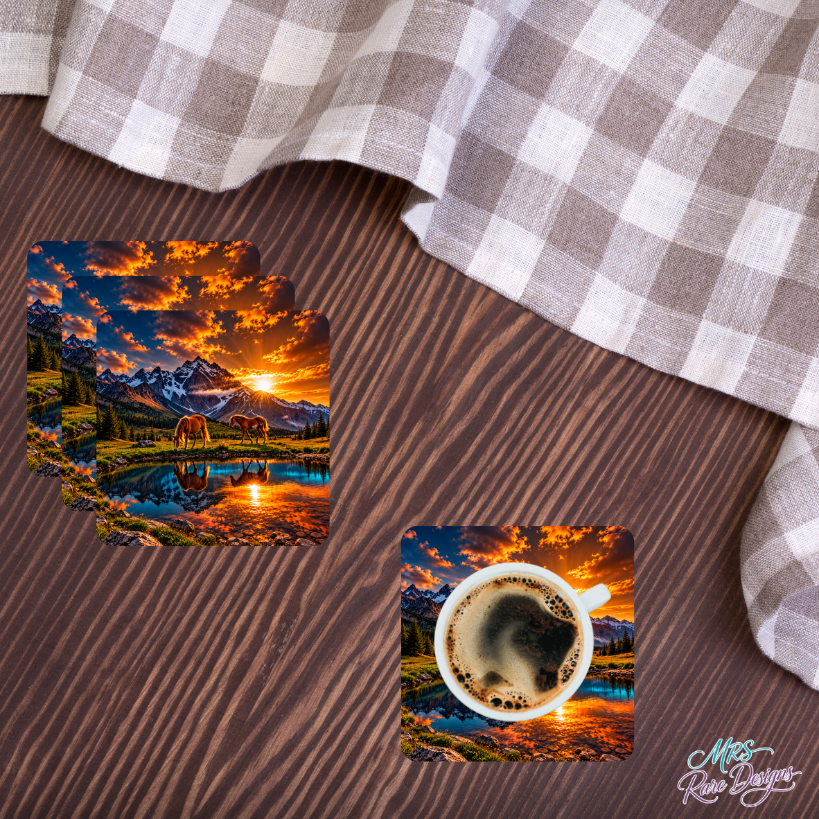 Sunset Sips Mountain Horse Glass Coasters, Set of 4