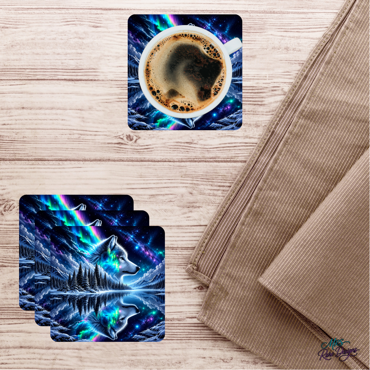 Aurora’s Call -Northern Lights Wolf Glass Coaster Set