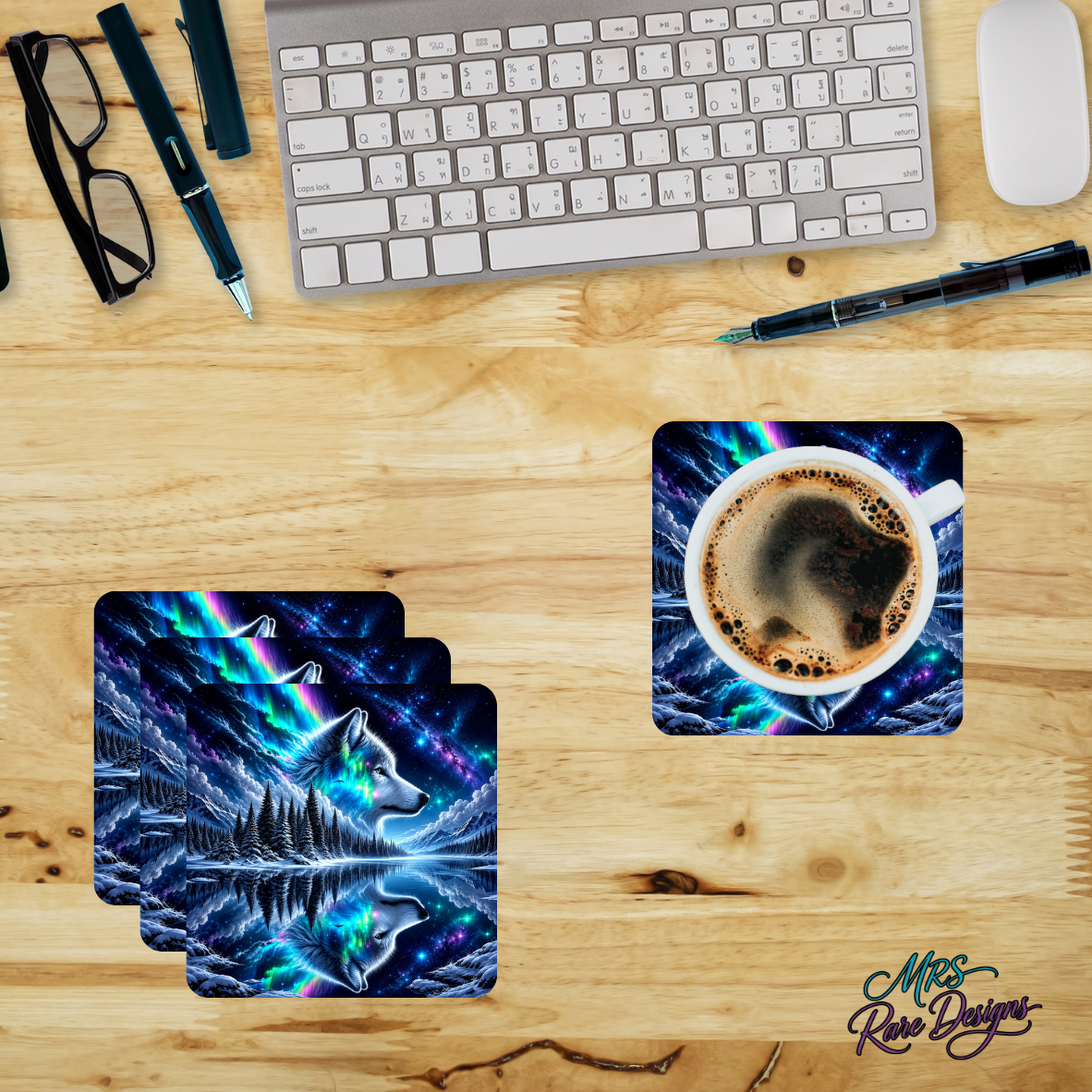 Aurora’s Call -Northern Lights Wolf Glass Coaster Set