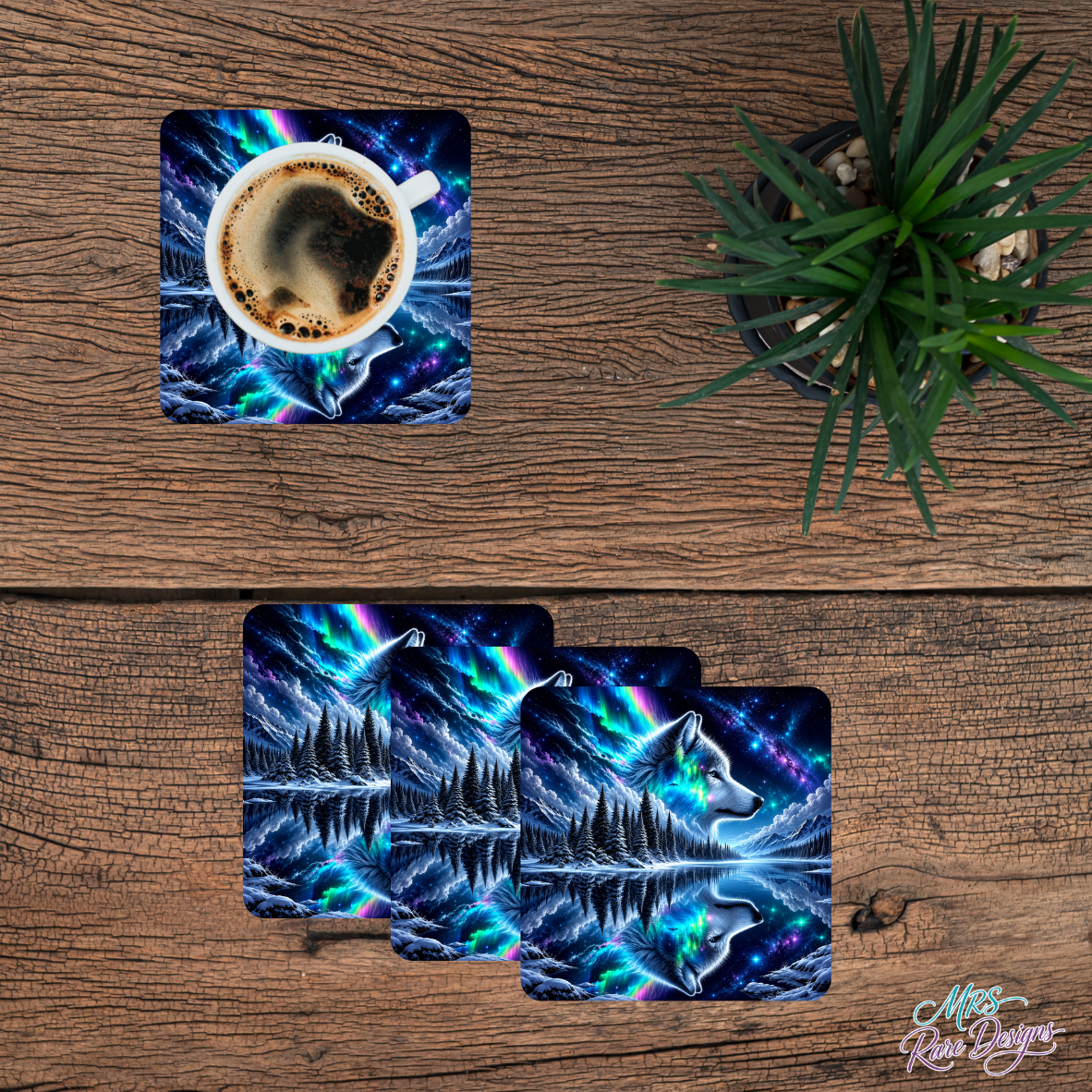Aurora’s Call -Northern Lights Wolf Glass Coaster Set